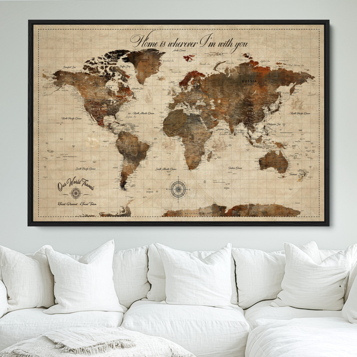96762438-MGV-FC-36X24_Black-Personalized World Map Print, Customizable Push Pin Framed World Map Print on Canvas - Custom Quote on Map Print