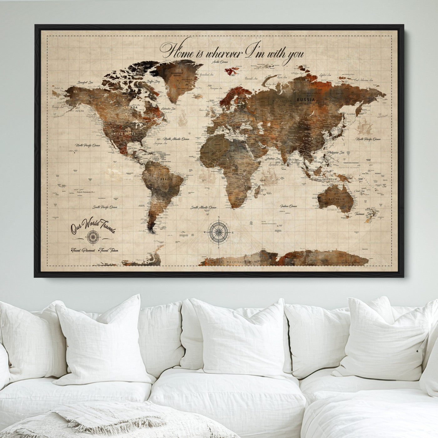 Rehber01-MGV-CV-36X24-Personalized World Map Canvas Wall Art – Custom Framed Push Pin Travel Tracker Print, Unique Gift for Home or Office Decor