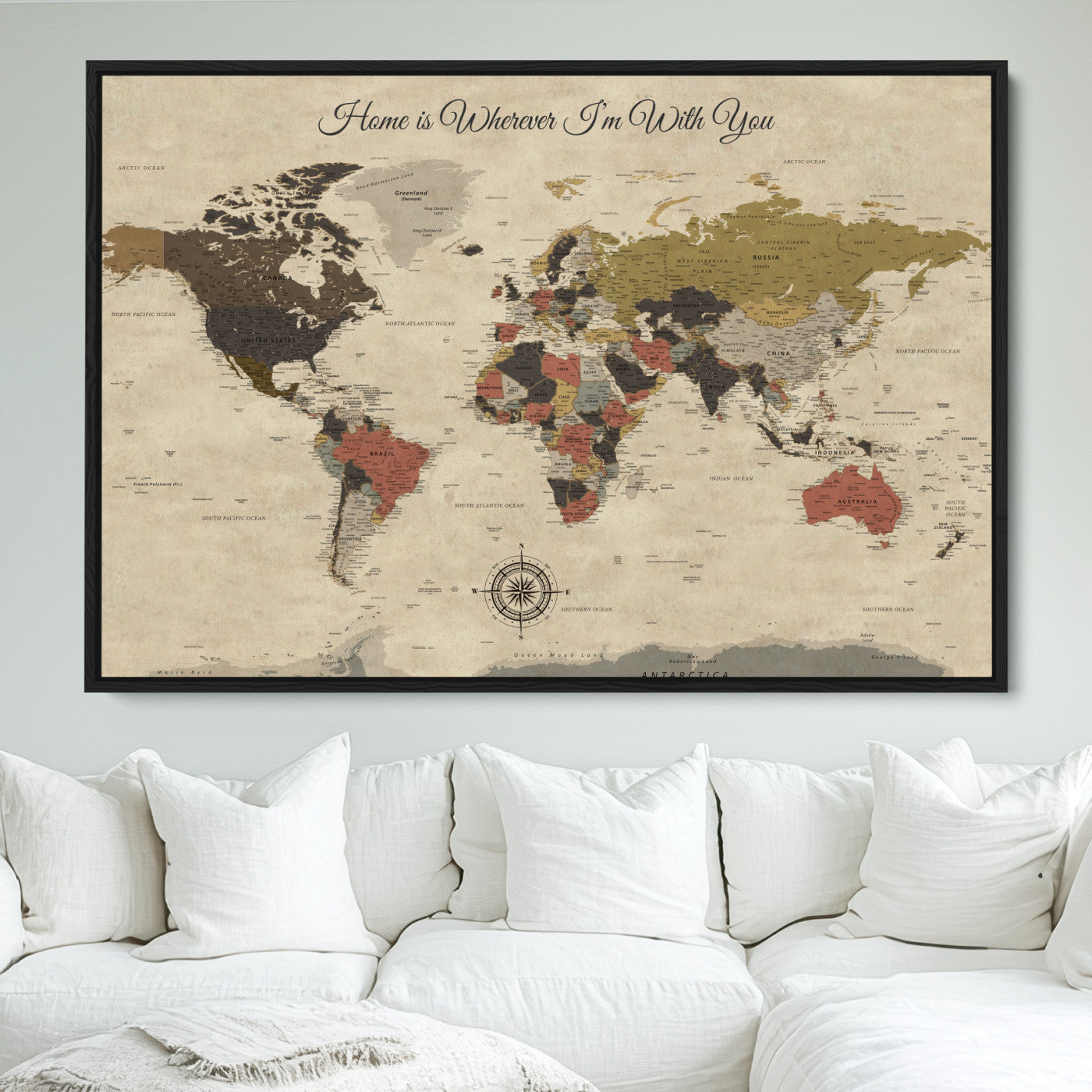-Personalized World Map Wall Art Canvas Print – Customizable Push Pin Framed Travel Map Artwork for Home Office