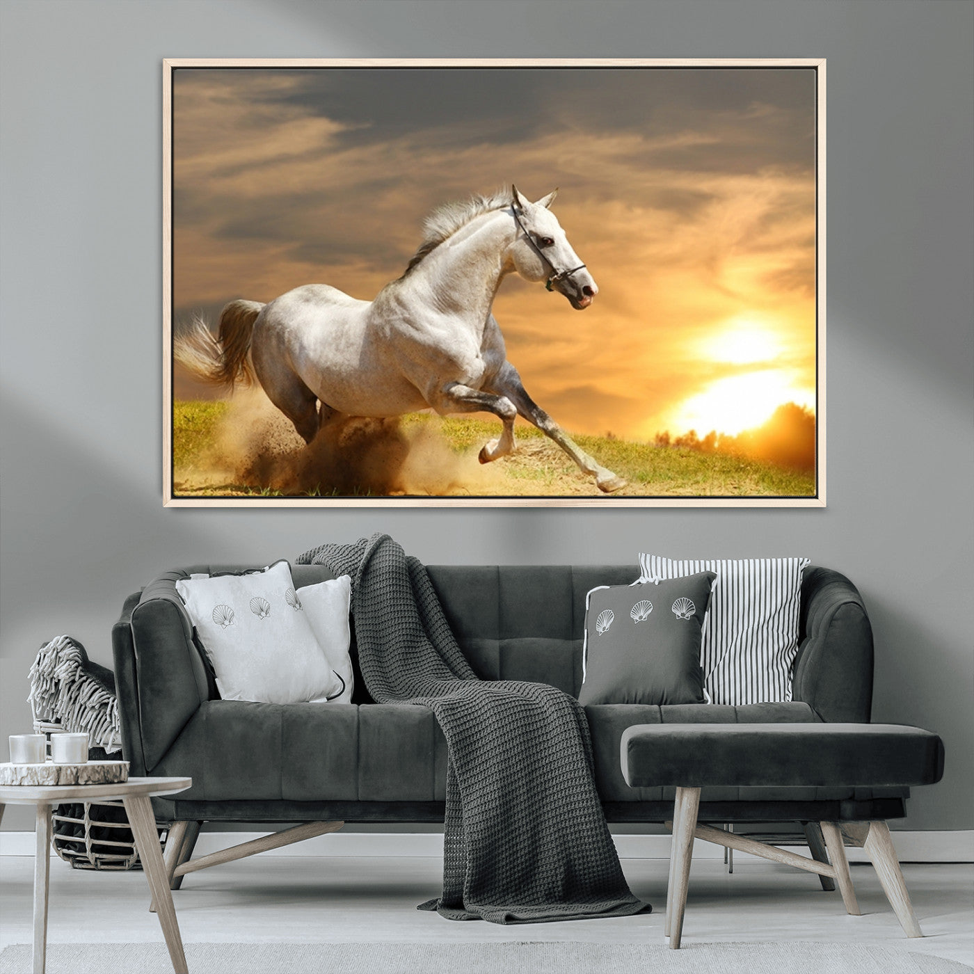 -Large Wall Art Galloping White Horse at Sunset Canvas Print