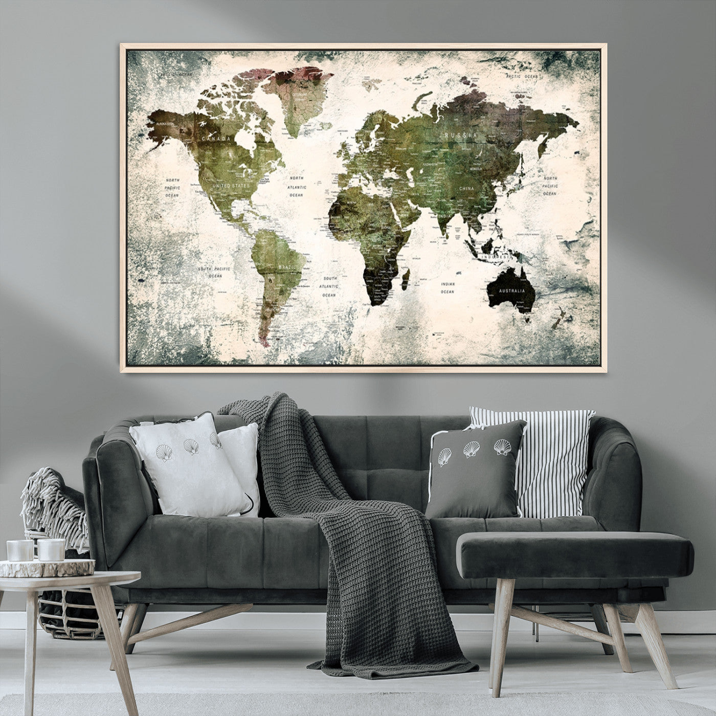 14328-MGV-CV-36X24-Push Pin World Map Canvas Print – Framed Travel Map Wall Art for Couples, Anniversary Gift, Modern Home or Office Decor