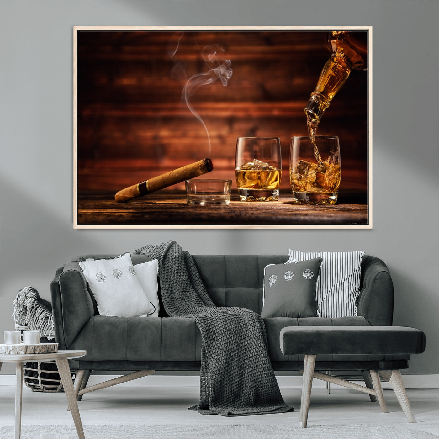 91042-MGV-FC-36X24_Natural-Whiskey and Cigar Wall Art Canvas | 3 Panel Bar Room Decor for Home Lounge, Office, or Man Cave |