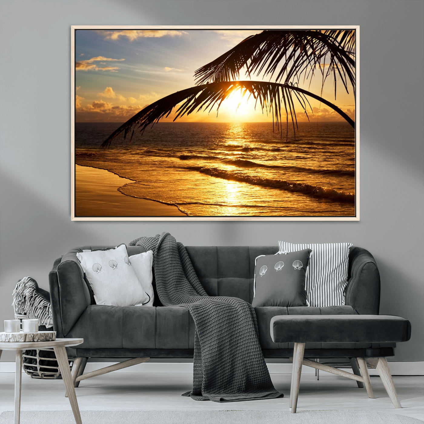 -Golden Tropical Beach Sunset Canvas Triptych, Coastal Palm Tree Wall Art, Ocean Shoreline Giclee