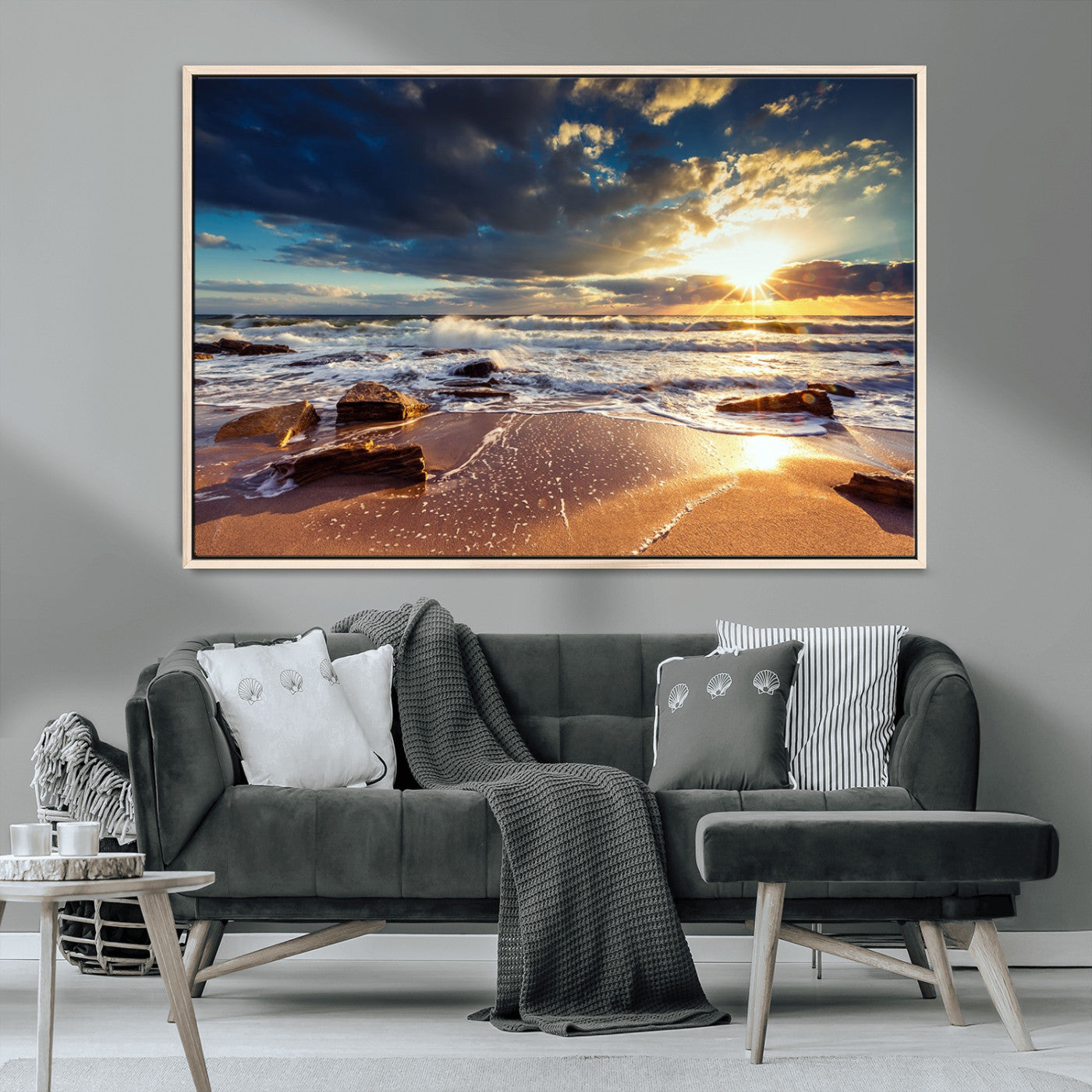 MGV-FC-36X24 - Golden Hour Beach Sunset Canvas Triptych, Ocean Waves and Rocks Wall Art for Coastal Home Decor