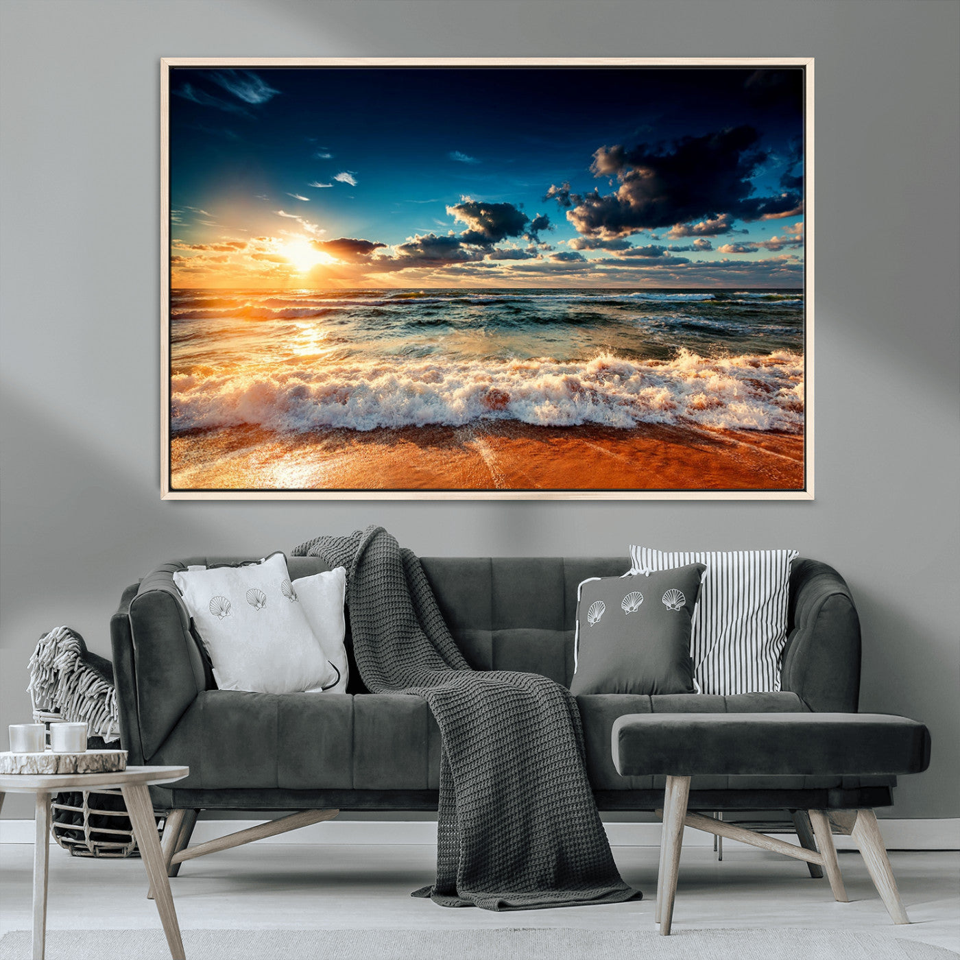 -Golden Hour Sunset Over Ocean Waves Wall Art Canvas Print | 3 Panel Coastal Landscape Canvas Wall