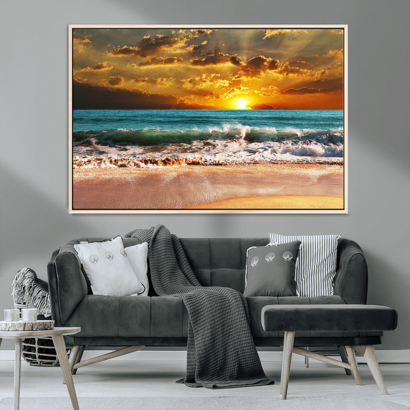16495-MGV-FC-36X24_Natural-Golden Sunset Beach Canvas Wall Art – Triptych Seascape Print – Framed and Ready to Hang for Living