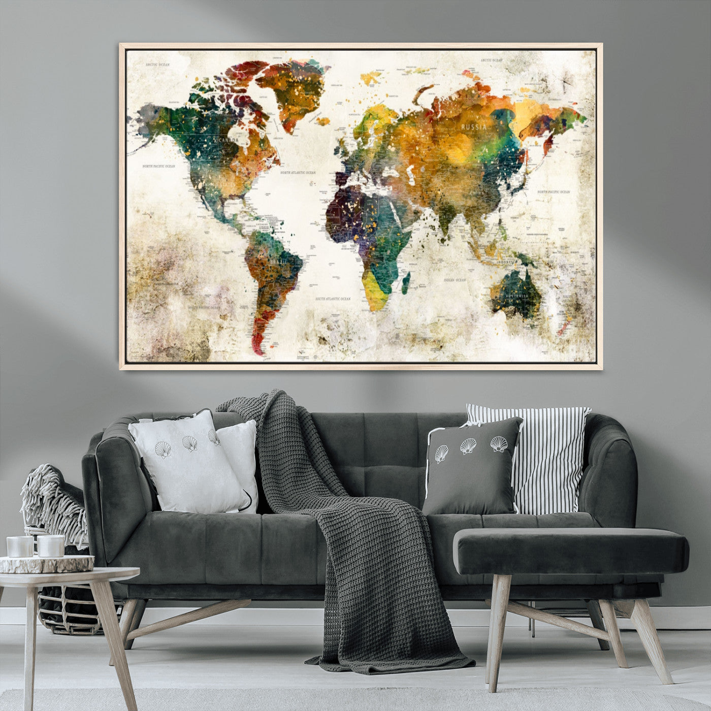 39605-MGV-CV-36X24-Vintage Watercolor World Map Canvas Wall Art – Framed Push Pin Travel Map for Home and Office Decor, Rustic Artistic World Map Artwork