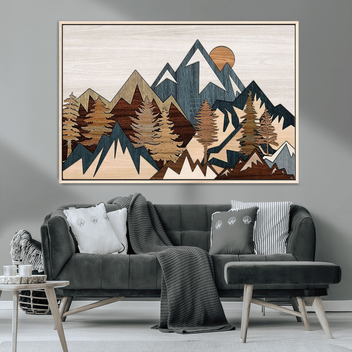 67950-MGV-CV-36X24-Rustic Abstract Wood Panel Effect Canvas Mountain Range Top Wood Wall Art Canvas Print