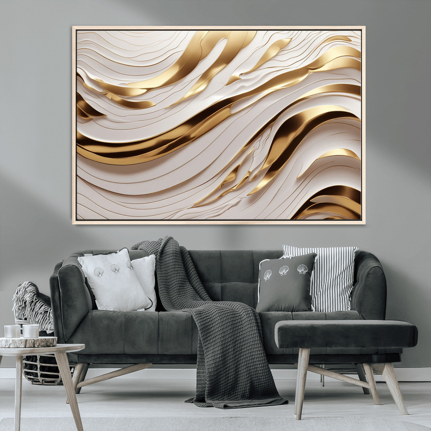 81197-MGV-CV-36X24-Gold and White Abstract Wave Canvas – Elegant Flowing Design with Luxurious Golden Accents –
