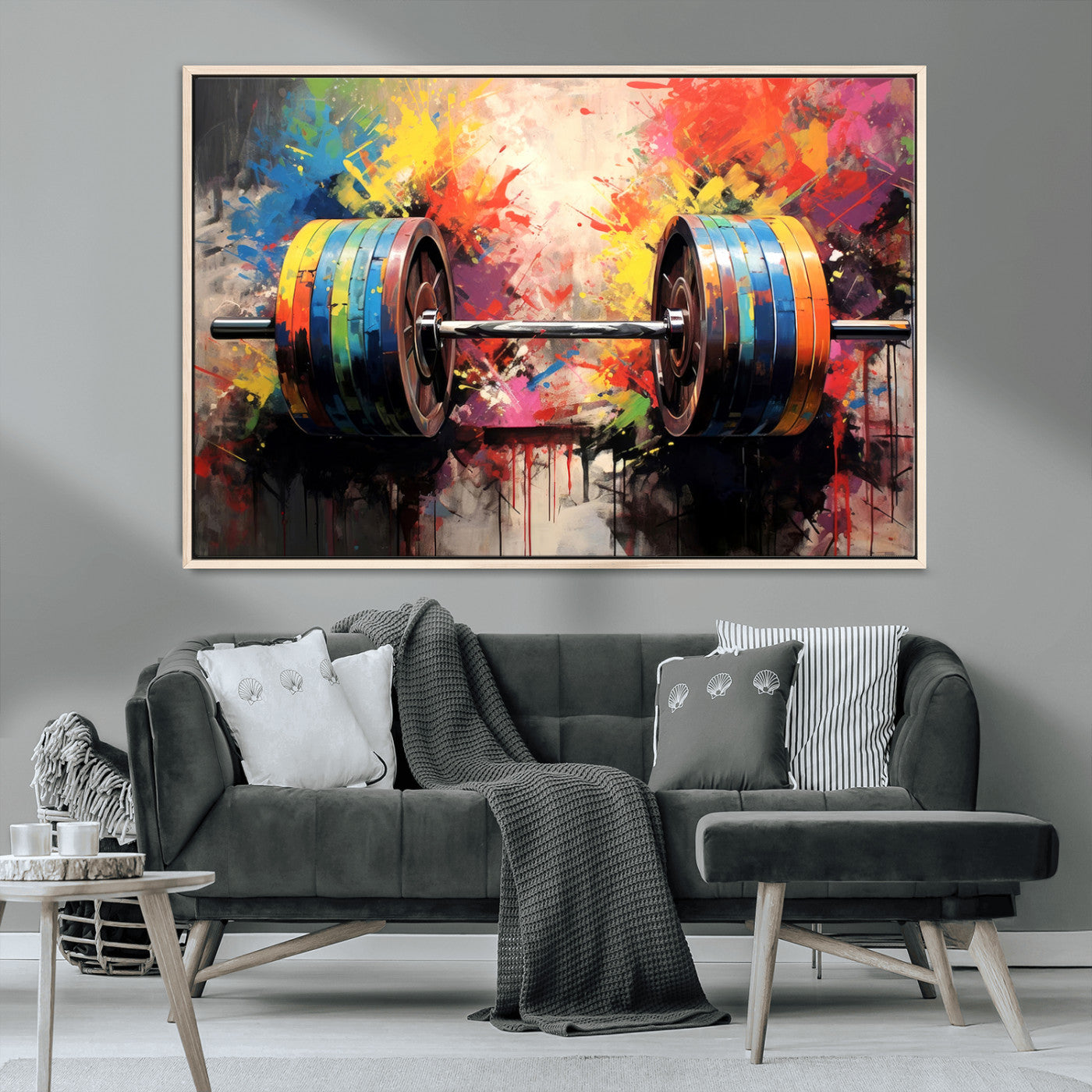 80436-MGV-FC-36X24_Natural-Weightlifting Barbell Art Triptych, Bold Abstract Fitness Wall Decor for Gym or Home, Giclee Canvas