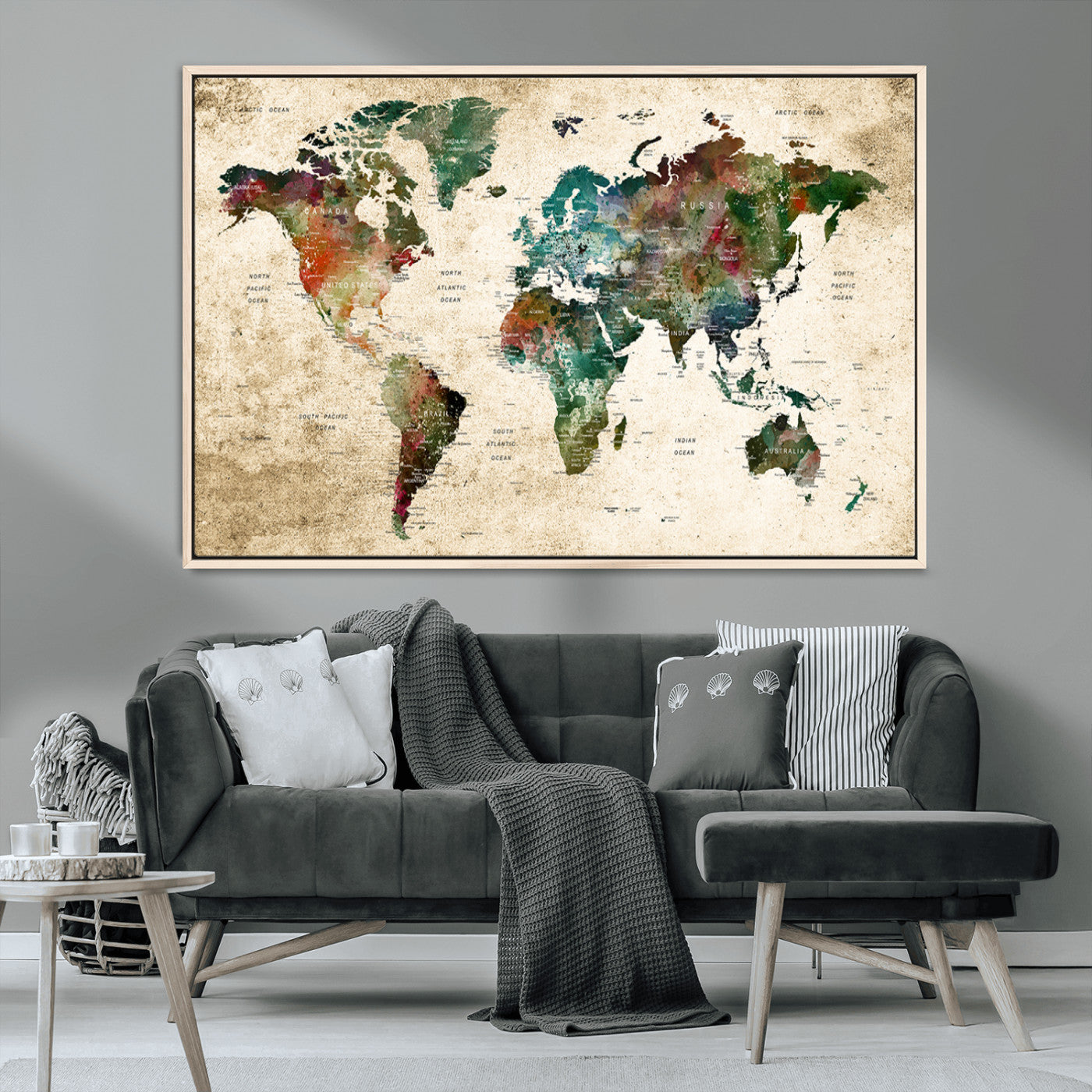 -Push Pin World Map Canvas Print – Framed Travel Tracker Wall Art for Couples, Perfect Anniversary Gift and Home Decor