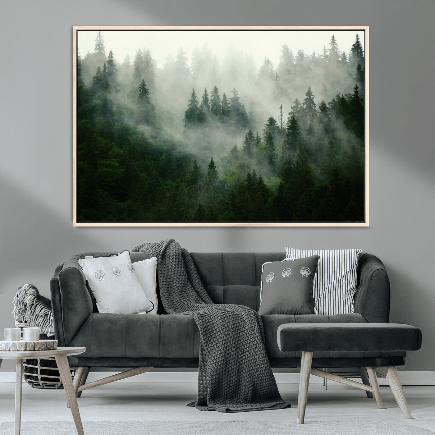 167720496-MGV-CV-36X24-Misty Forest Wall Art – Tranquil Green Woodland Canvas Print, Nature Landscape Decor for Living Room, Bedroom or Office