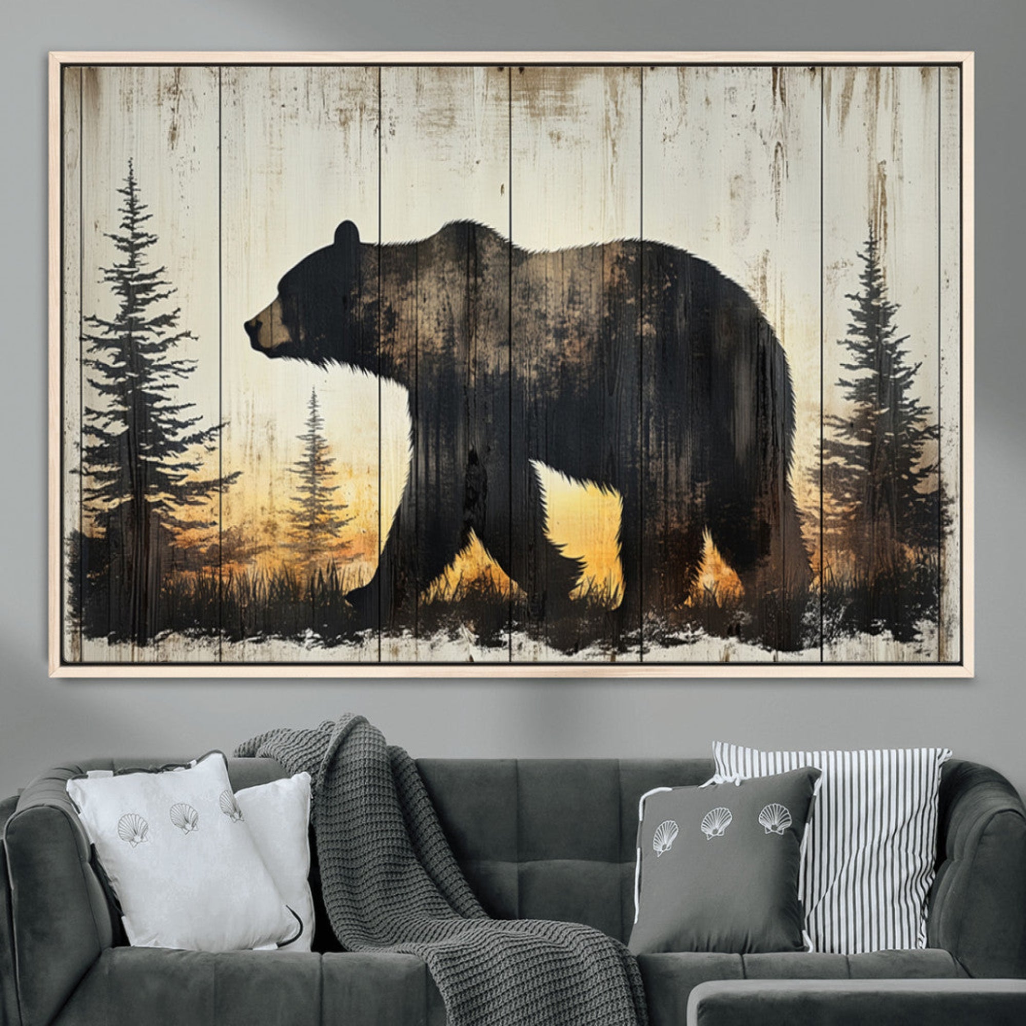83875-MGV-CV-36X24-Vintage Bear Wall Art Canvas Print for Farmhouse - Mountain Wood Canvas Wall Art - Forest Silhouette