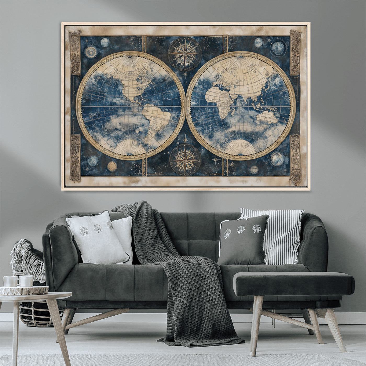 -Framed Vintage Blue World Map Canvas Print – Antique Double Hemisphere Wall Art for Home and Office Decor, Classic Explorer Map Artwork