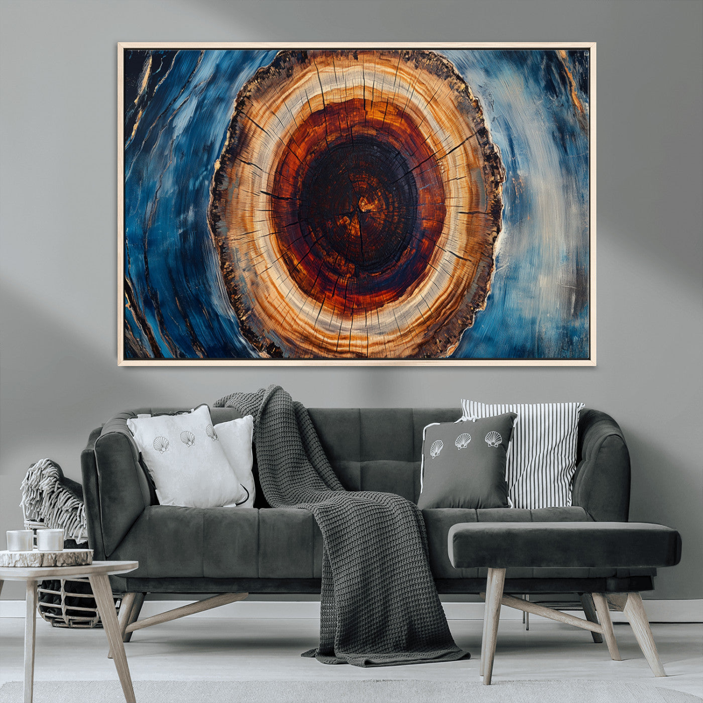 30457-MGV-CV-36X24-Framed Abstract Tree Ring Wall Art Print, Natural Rustic Wood Texture Canvas Print, Wood Tree Stump