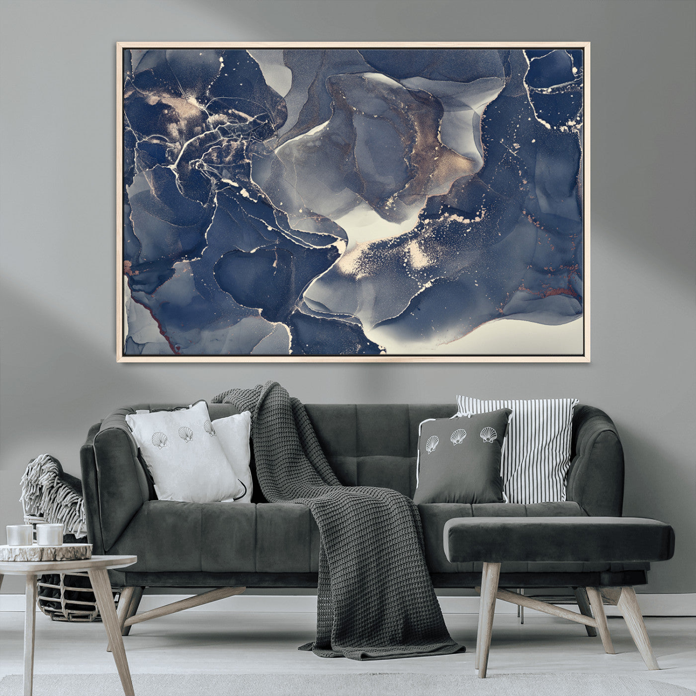 28282-MGV-CV-36X24-Large Abstract Blue and Gold Canvas Wall Art | Fluid Ink Artwork Print | Luxury Wall Decor for