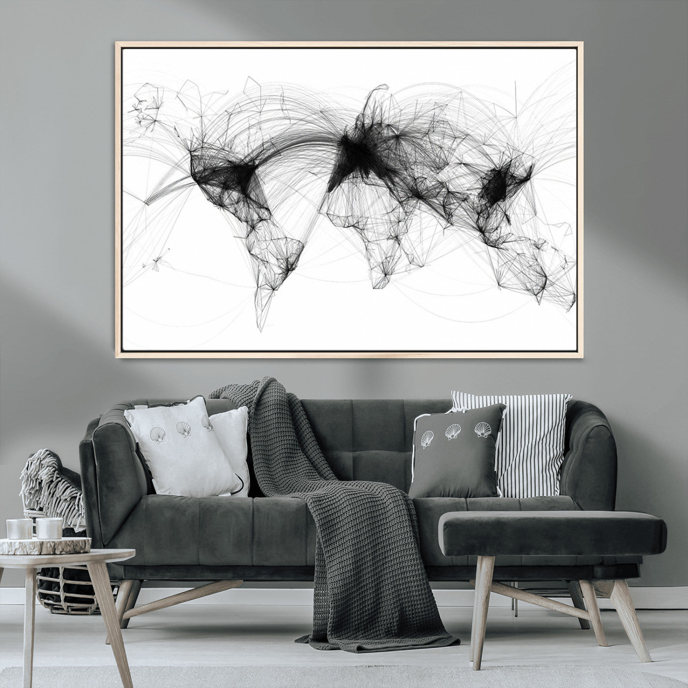 50136-MGV-CV-36X24-Abstract World Map Wall Art – Framed Geometric Line Canvas Artwork, Modern Global Design, Contemporary Decor for Home, Office