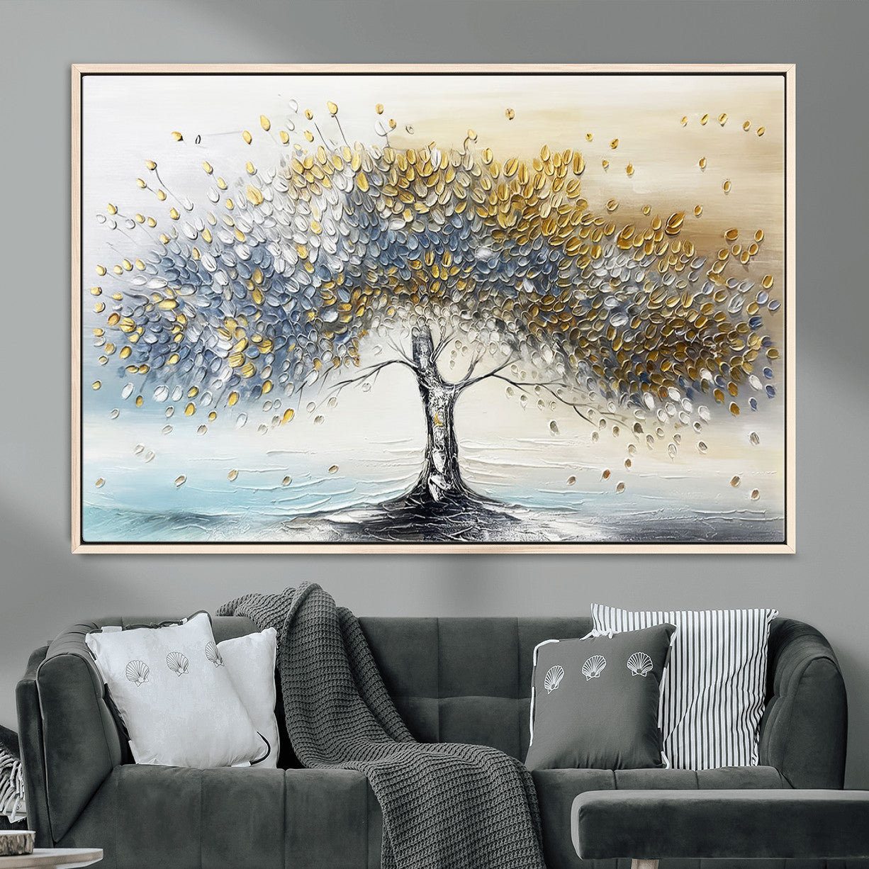 MGV-FC-36X24 - Golden & Silver Tree of Life Wall Art – Canvas Print with Whimsical Leaves Elegant Nature Design, Decorative Home, Office or Guest Room Decor