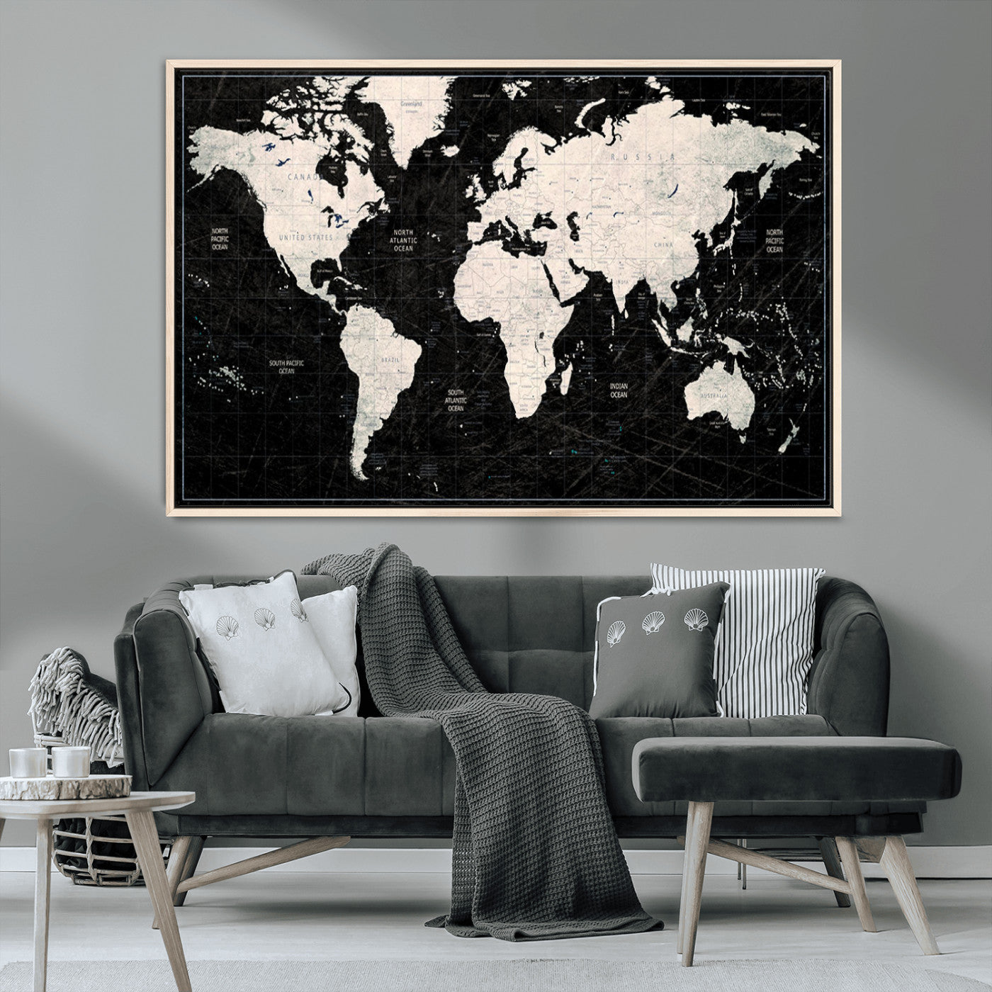 N50Black-MGV-CV-36X24-Push Pin World Map Canvas Print – Framed Travel Map Wall Art for Couples, Anniversary Gift, Track Adventures at Home or Office Decor
