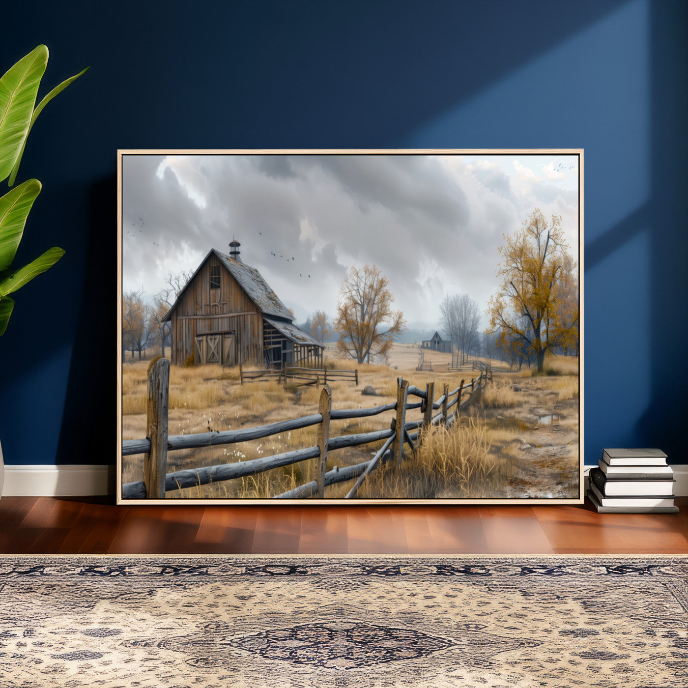 Farm1-MGV-CV-36X24 - Rustic Autumn Farmhouse Wall Art Canvas Print – Serene Countryside Scene with Weathered Barn and
