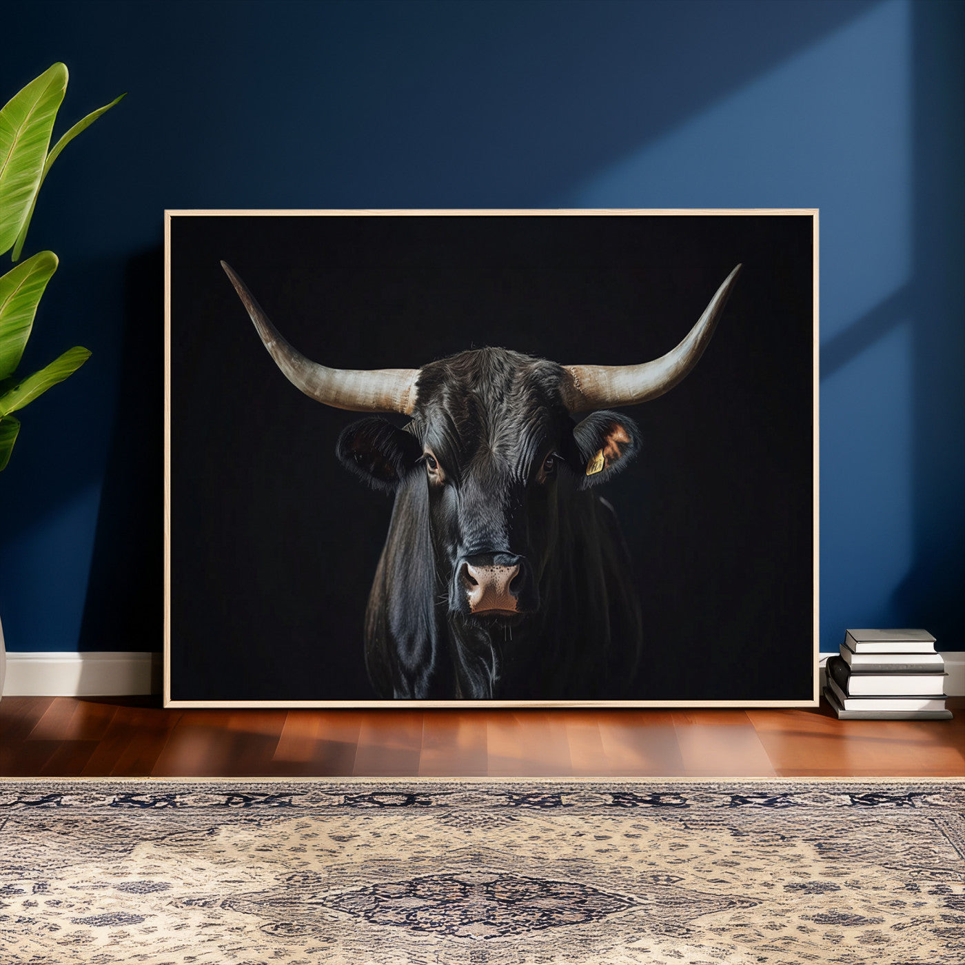 48065167-MGV-CV-36X24 - Texas Longhorn Bull Wall Art Canvas Print – Western Black Bull Art Print for Farmhouse Ranch Decor