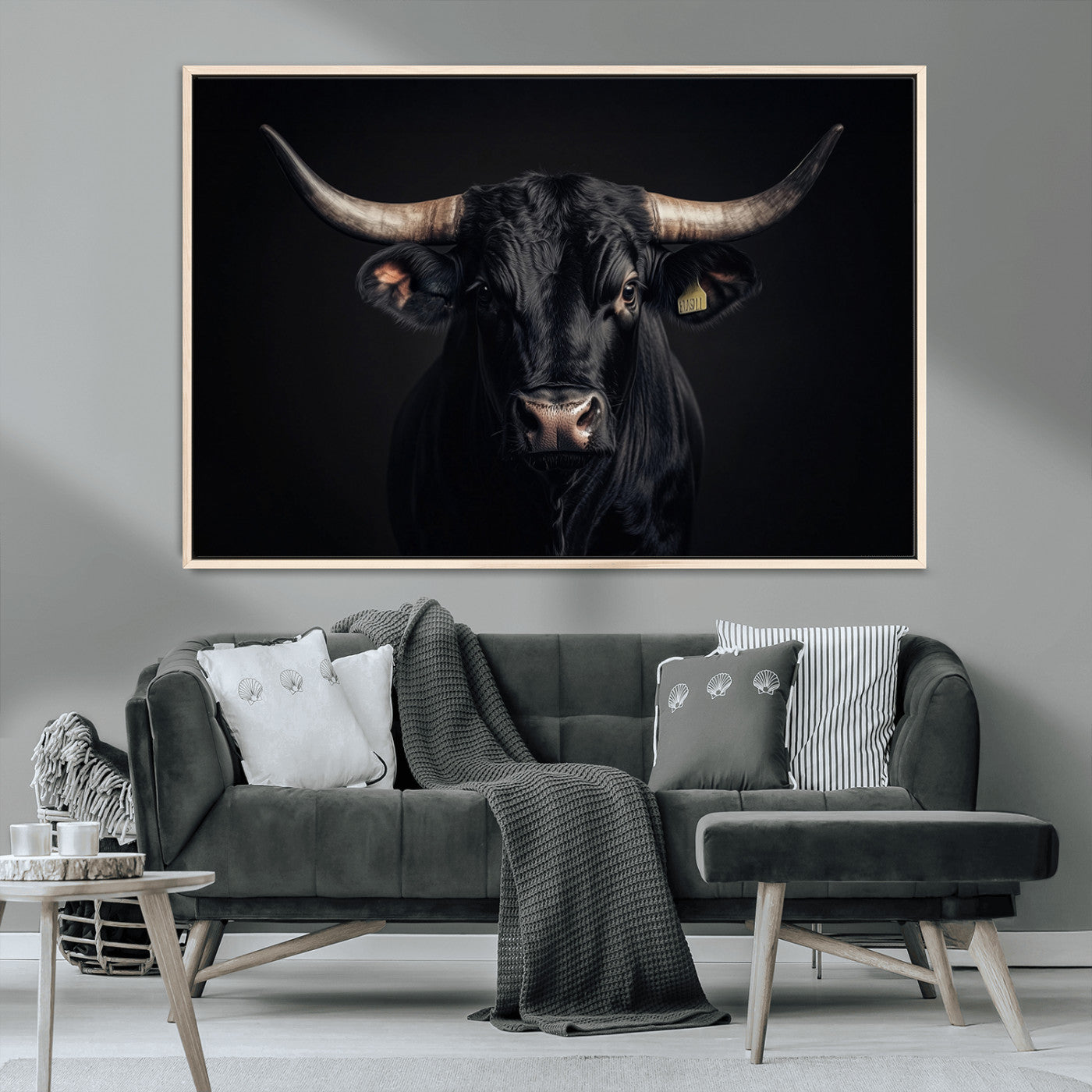 MGV-FC-36X24 - Black Bull Wall Art – Framed Horned Bull Canvas Artwork, Western Cattle Design, Rustic Ranch Style Decor for Home, Office