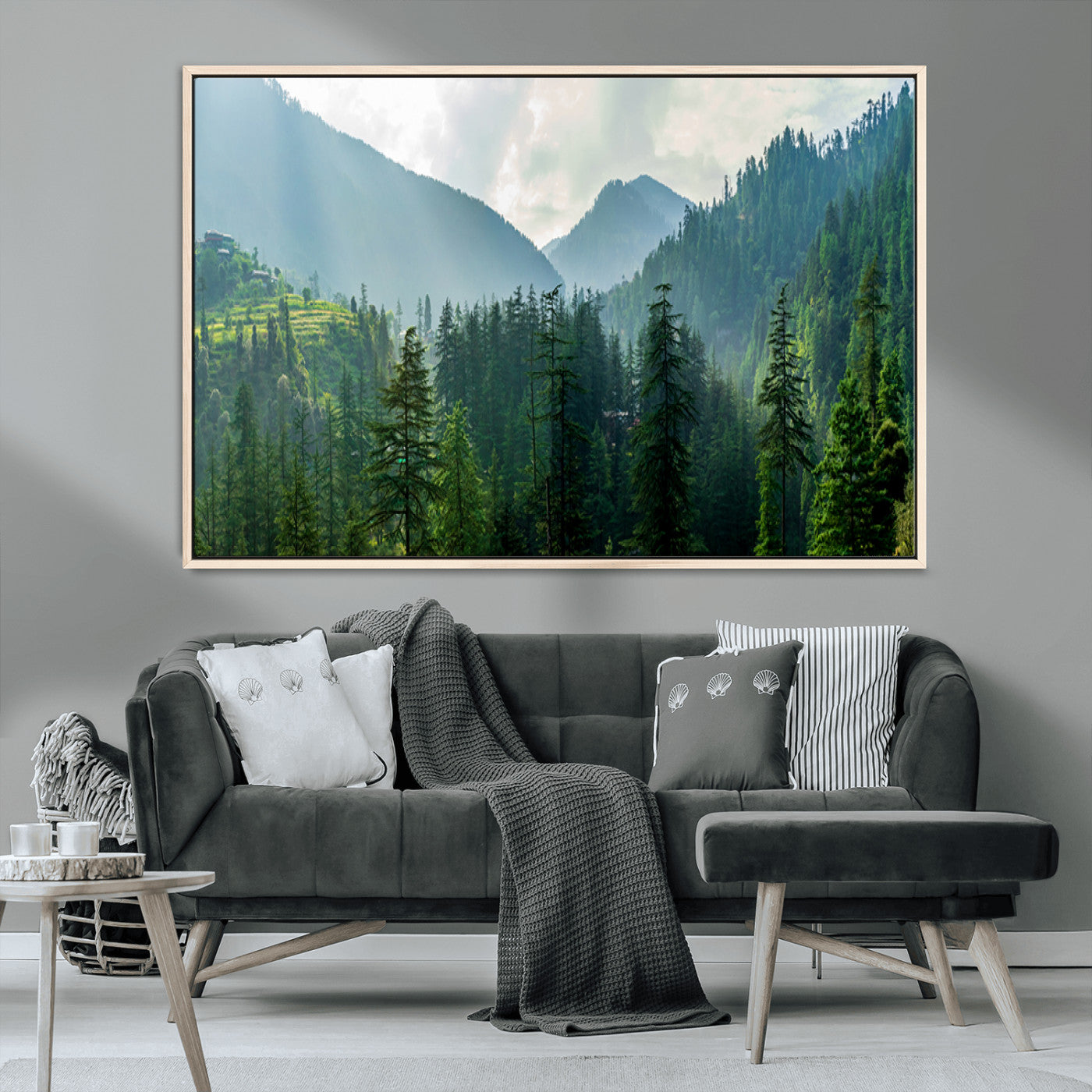 83417191-MGV-CV-36X24-Misty Forest Mountain Wall Art Canvas Print – Framed Serene Nature Scene with Tranquil Valley Artwork for Home, Office