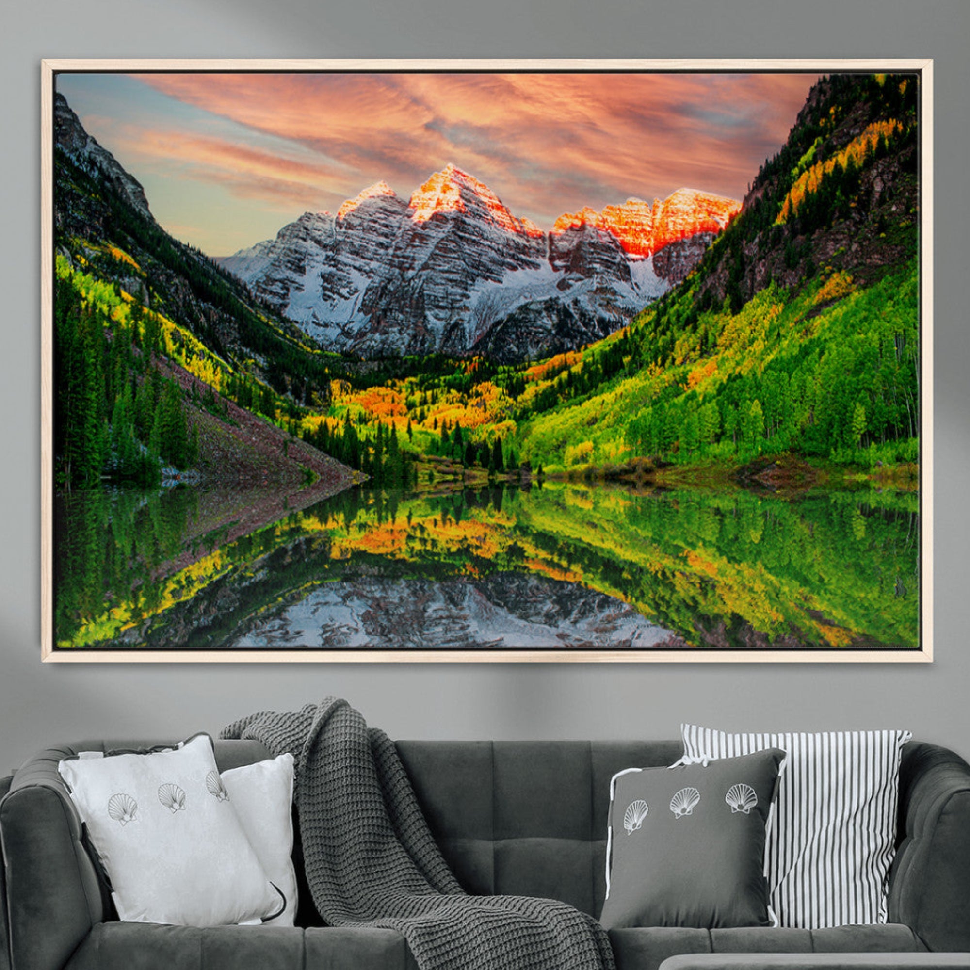 59533484-MGV-CV-36X24-Maroon Bells Lake Wall Art Canvas Print – Framed Majestic Colorado Mountain Scene with Autumn Reflection Artwork for Home, Office
