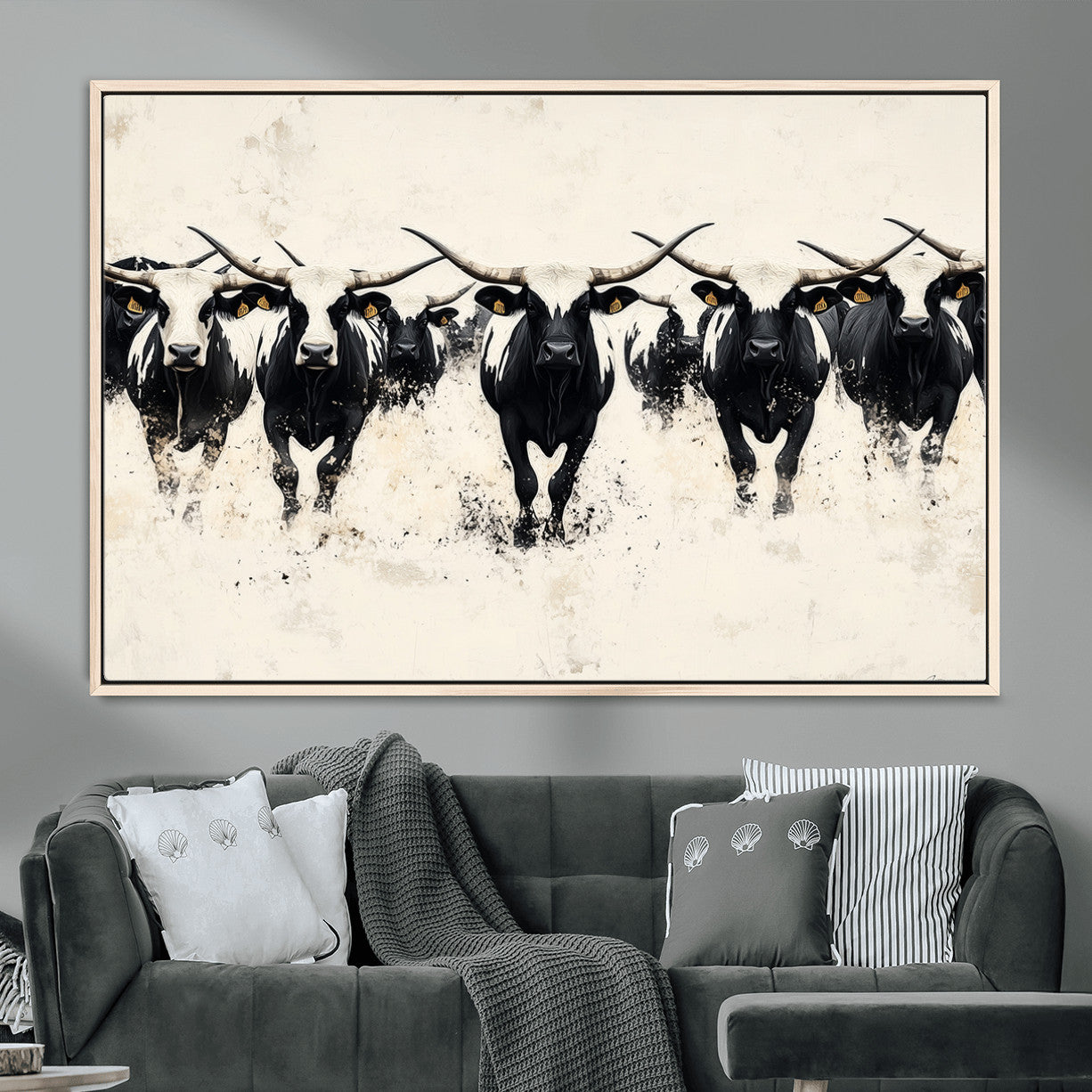 MGV-FC-36X24 - Longhorn Cattle Wall Art – Canvas Print of Herd in Motion, Symmetry and Ink Splatter, Minimalist Western Ranch, Bold Rustic Farm Decor