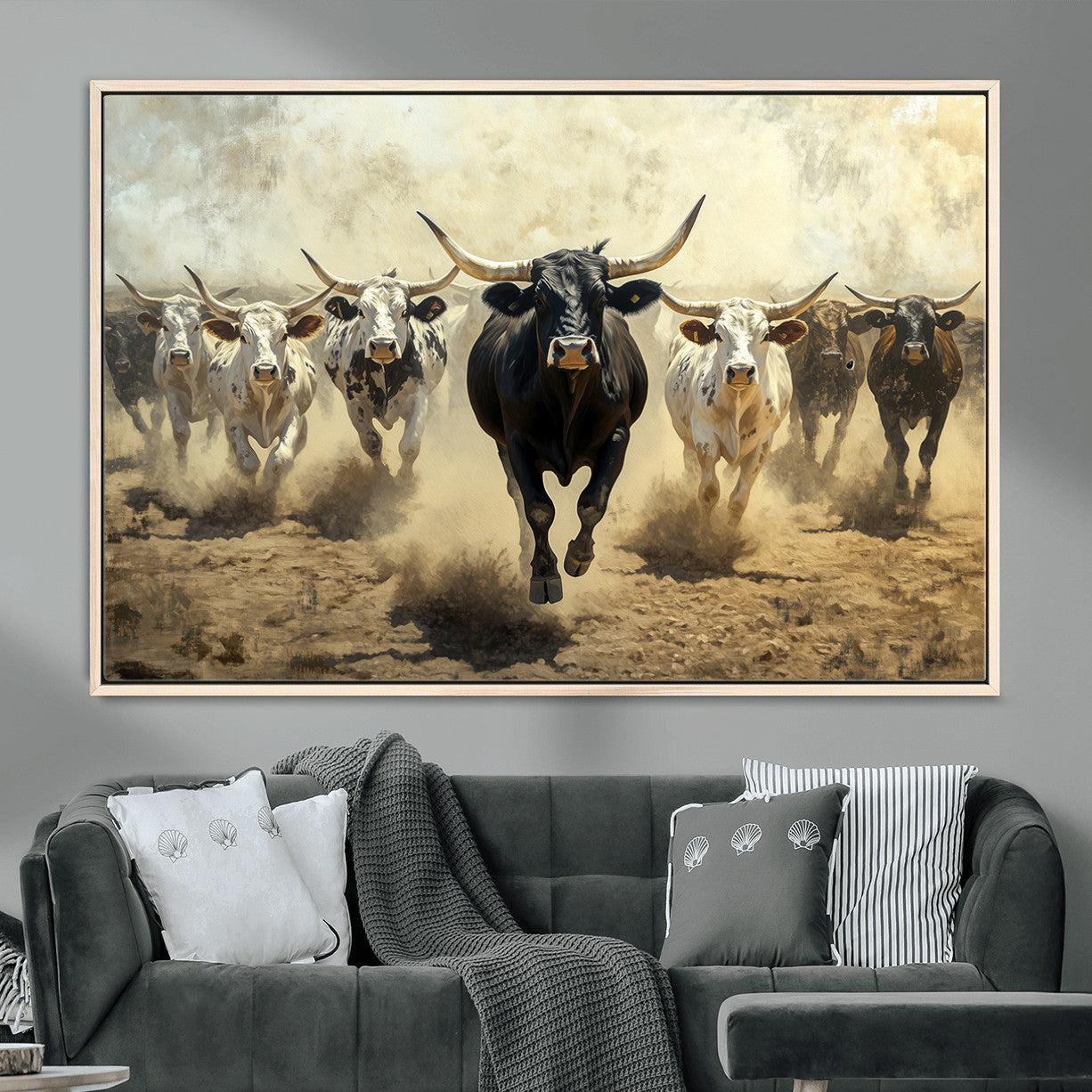 MGV-FC-36X24 - Running Cattle Wall Art – Canvas Print of Western Herd, Dust Stampede, Longhorns, Wild West Ranch, Bold Rustic Farm Decor for Home or Office