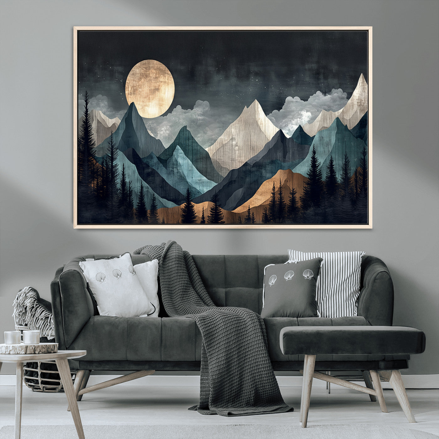 11060882-MGV-CV-36X24-Moonlit Mountain Wall Art Canvas Print – Silhouetted Pines Layered Peaks Tranquil Sky Mist Silver Light Nature Artwork for Home