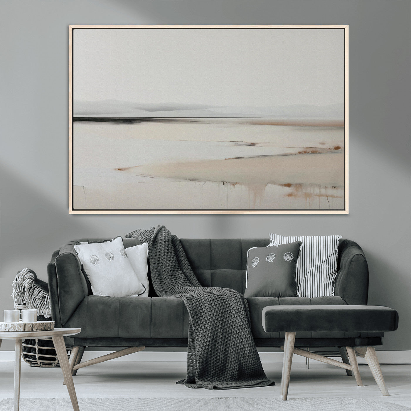 89410095-MGV-CV-36X24-Minimalist Landscape Wall Art Canvas Print – Framed Soft Horizon Abstract Seascape Earthy Tones Artwork for Home Office