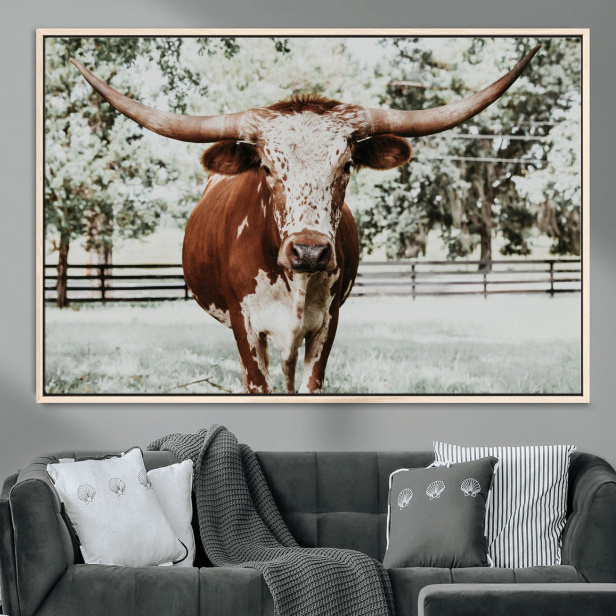 54757537-MGV-CV-36X24-Texas Longhorn Wall Art Canvas Print – Framed Spotted Bull Rustic Western Horned Cattle Artwork for Home Office