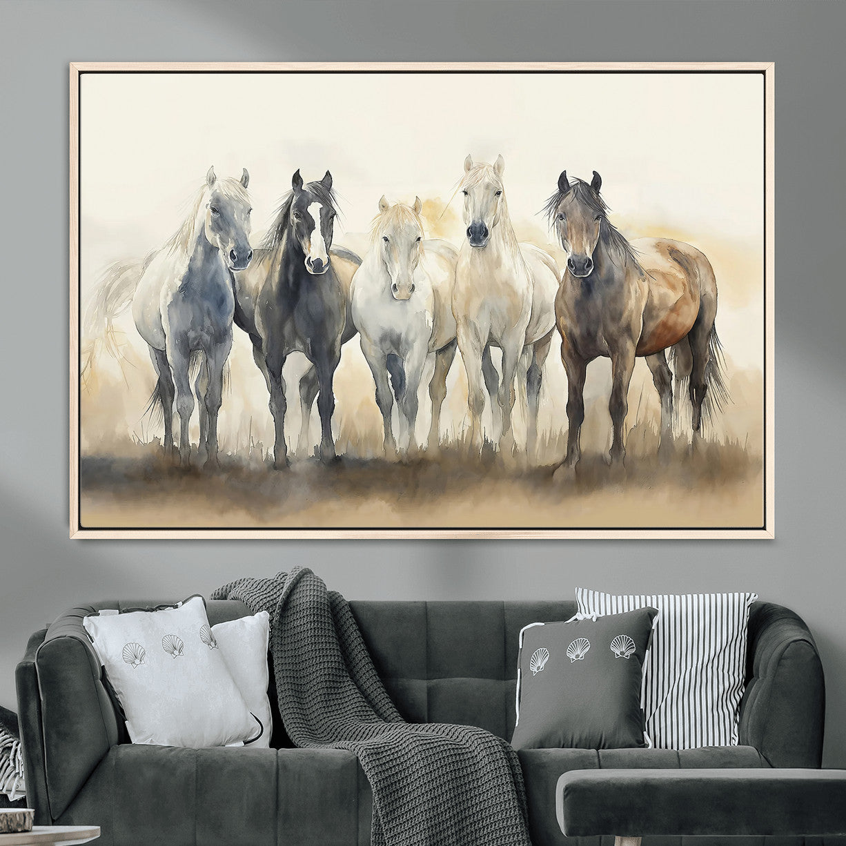 MGV-FC-36X24 - Wild Horses Wall Art Canvas Print, Framed Running Horses Art Picture Print, Watercolor Horses Perfect Rustic Western Decor Artwork