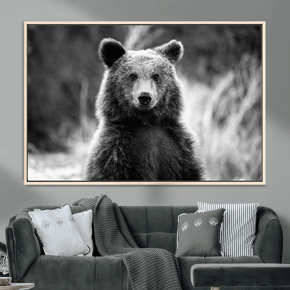 55656803-MGV-CV-36X24-Grizzly Bear Wall Art Canvas Print – Framed Black White Wildlife Rustic Nature Artwork for Home, Office Decor