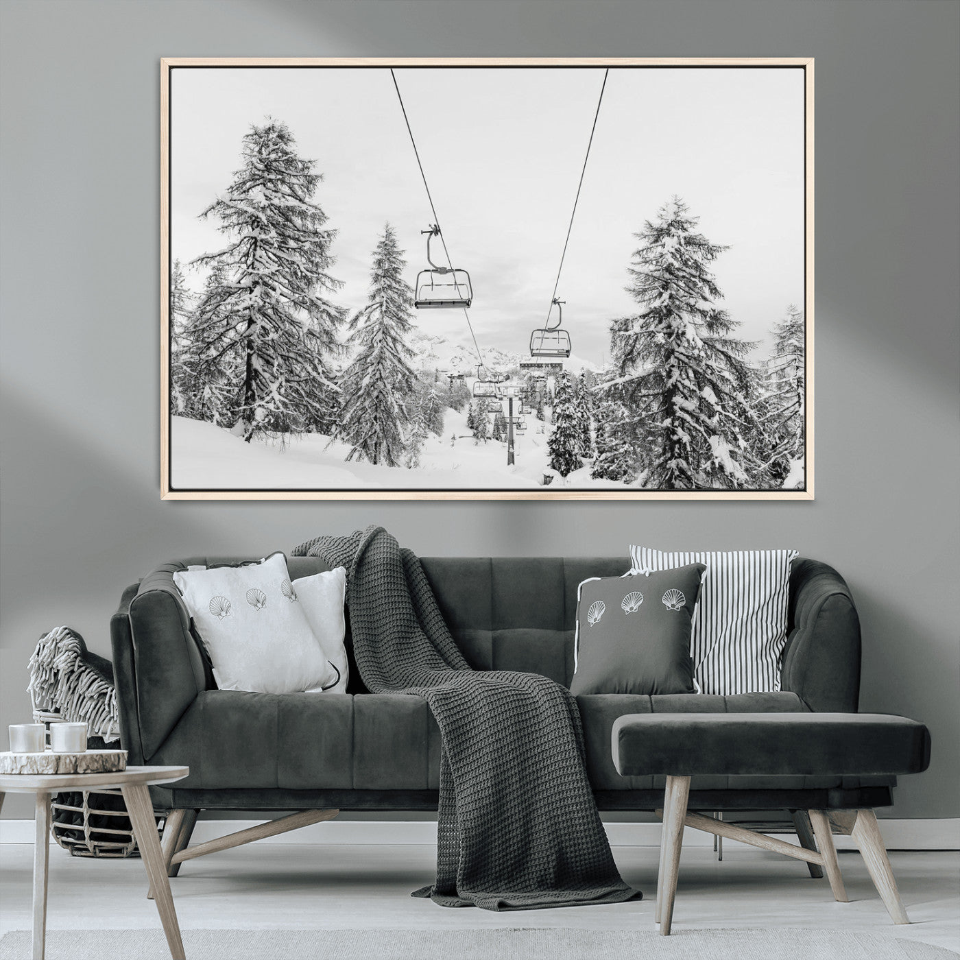 55003599-MGV-CV-36X24-Ski Lift Wall Art – Framed Snowy Mountain Canvas Artwork, Winter Forest Design, Minimal Nature Decor for Home, Office