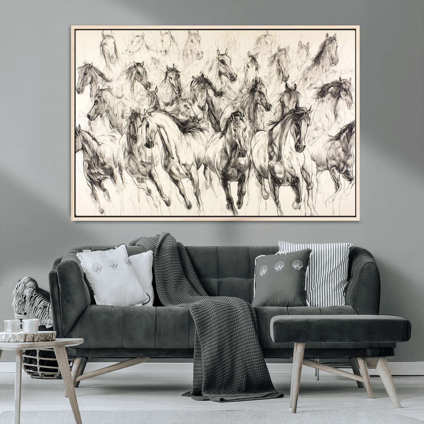 -Running Horses Wall Art Canvas Print – Framed Horse Sketch Scene with Galloping Herd Artwork for Home, Office