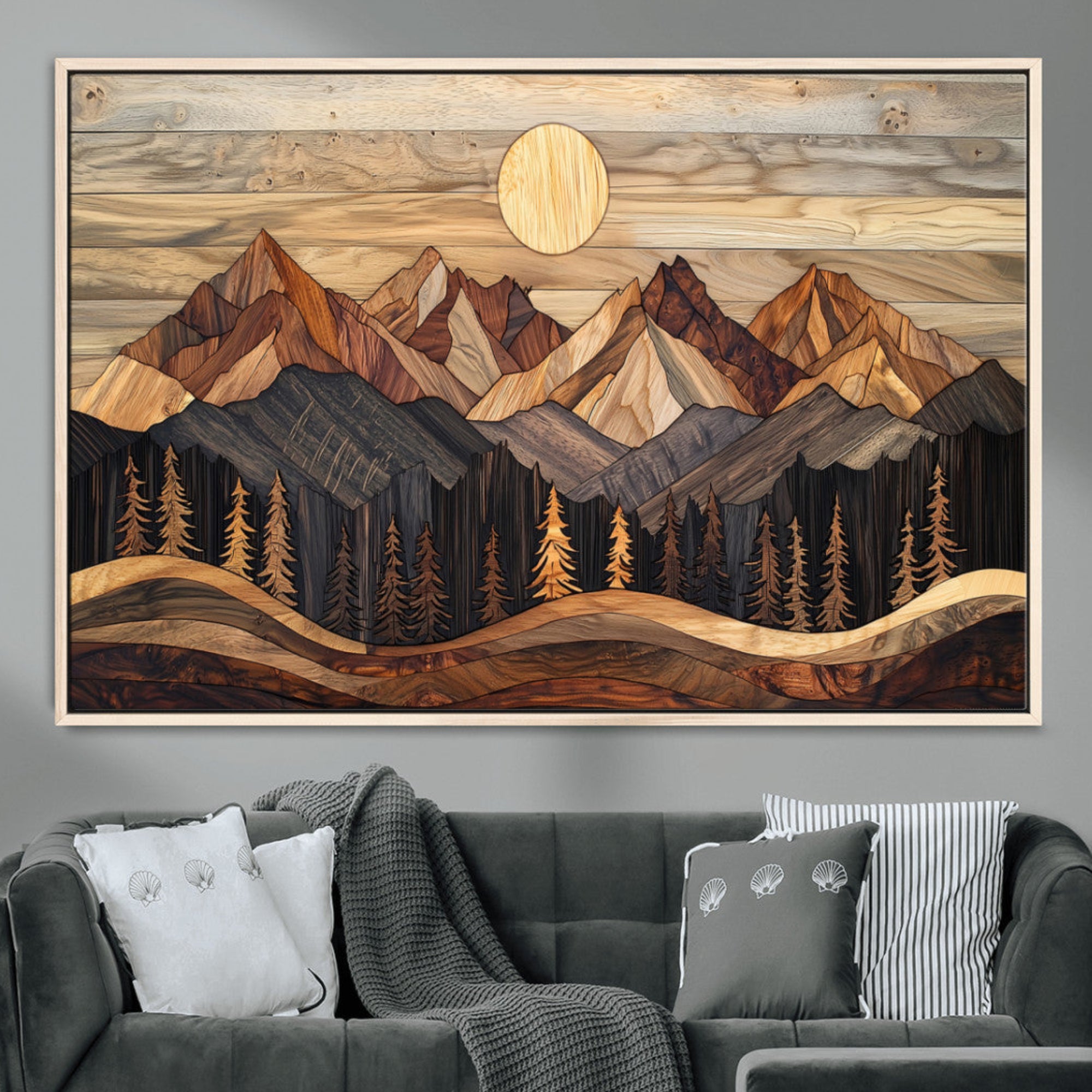 50100230-MGV-CV-36X24-Wood Mountain Wall Art Canvas Print – Framed Boho Abstract Woodland Rustic Farmhouse Geometric Artwork for Home Office