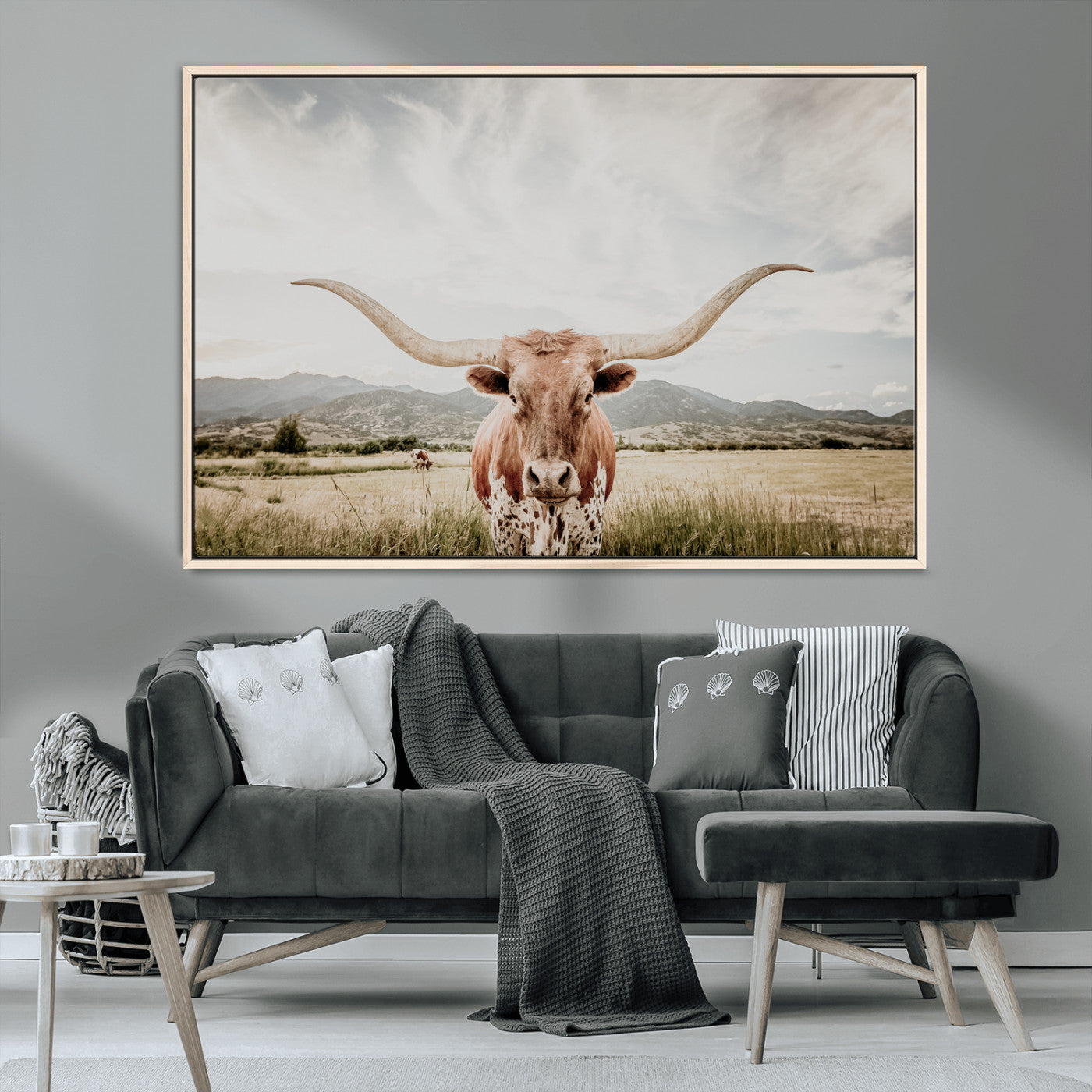 80054319-MGV-CV-36X24-Texas Longhorn Wall Art Canvas Print – Framed Western Cow Scene with Rustic Farmhouse Artwork for Home, Office