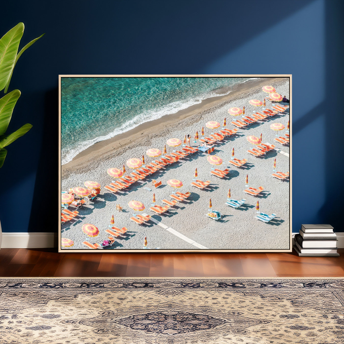 27805351-MGV-CV-36X24 - Beach Umbrellas Wall Art – Orange Loungers & Turquoise Water Canvas Print, Sandy Shore and Summer Vibes