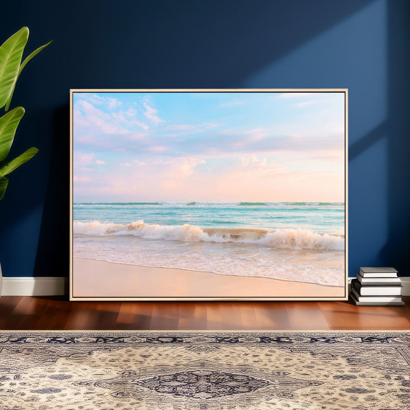 74679437-MGV-CV-36X24 - Serene Waves Wall Art – Golden Shore & Soft Pastel Sky Canvas Print, Gentle Ocean and Peaceful Sunset for Living Room or Office