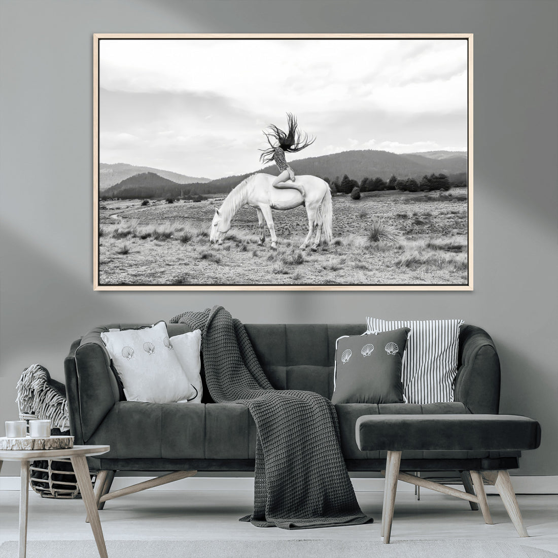 White Horse Wall Art Canvas Print, Framed Woman Rider Equestrian Western Boho Art