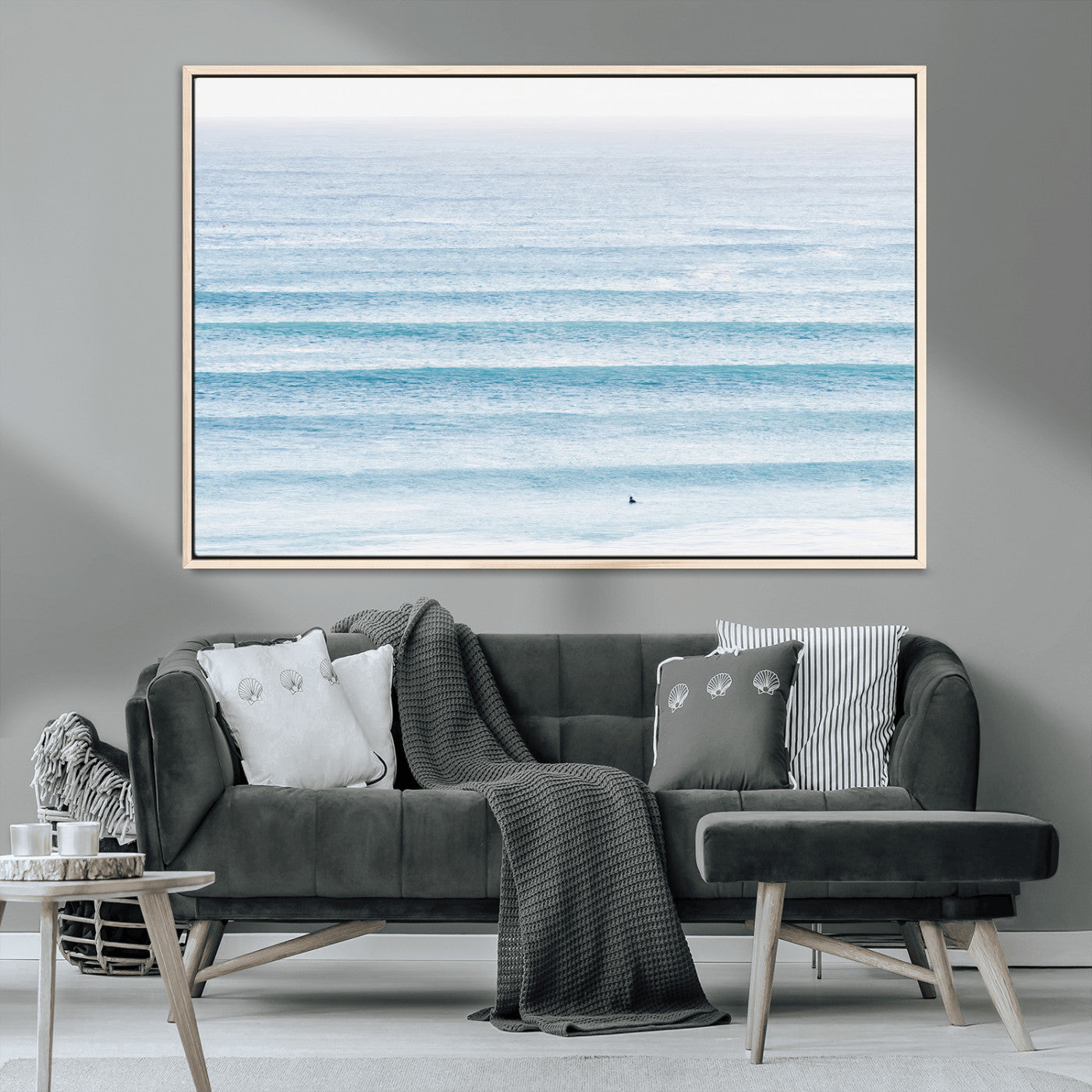 MGV-FC-36X24 - Ocean Simplicity Wall Art Canvas Print, Framed Surfer on Water Art Picture Print, Light Blue Perfect Coastal Minimalist Decor Artwork
