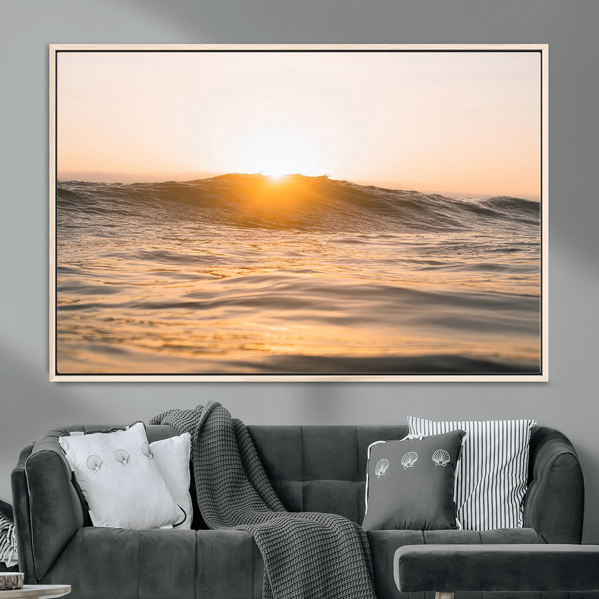 16973771-MGV-CV-36X24-Calm Water Wall Art – Framed Sunset Waves Canvas Artwork, Coastal Warm Design, Minimal Ocean Decor for Home, Office