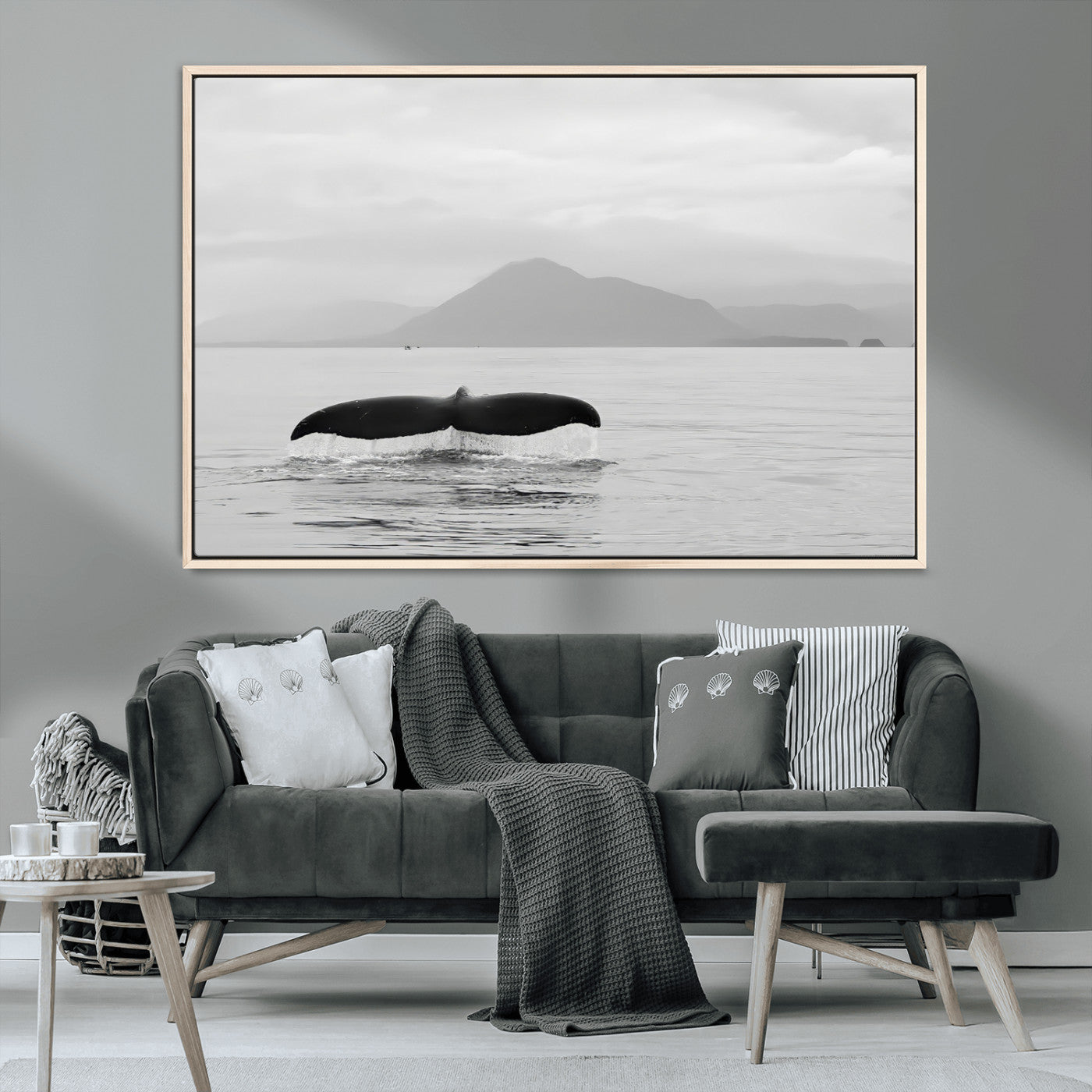 MGV-FC-36X24 - Whale Tail Wall Art Canvas Print, Framed Black White Ocean Art Picture Print, Calm Marine Perfect Minimalist Coastal Decor Artwork