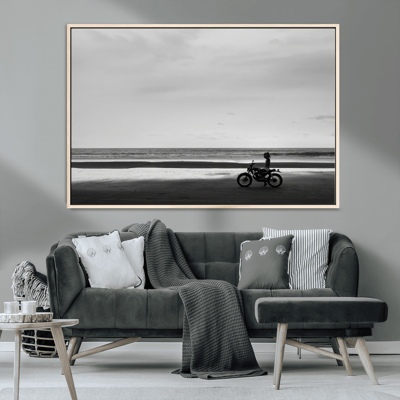 84739358-MGV-FC-36X24_Natural-Motorcycle Beach Wall Art Canvas Print – Framed Vintage Motorcycle Scene with Biker Silhouette Artwork for Home, Office