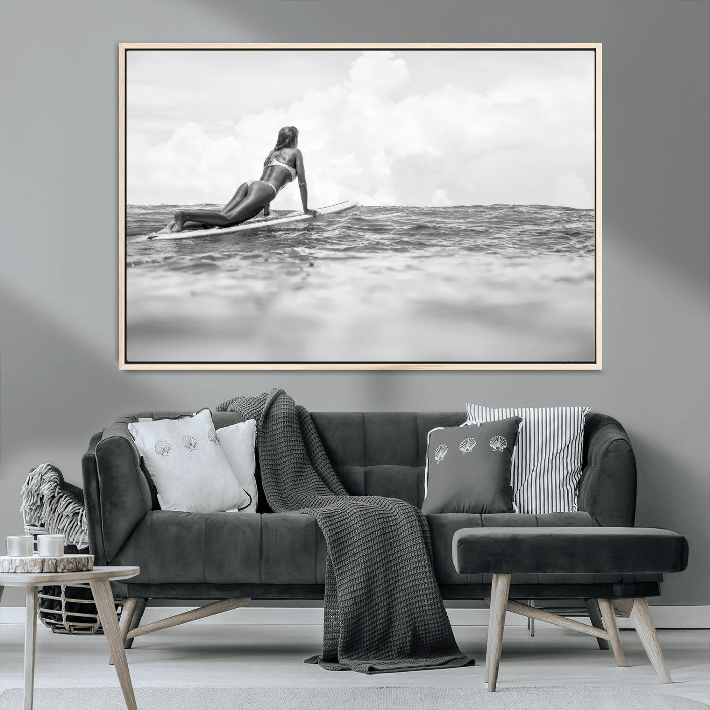 69798068-MGV-CV-36X24-Black and White Surfing Wall Art Canvas Print – Framed Ocean Horizon with Surfer Girl Coastal Adventure Artwork for Home, Office