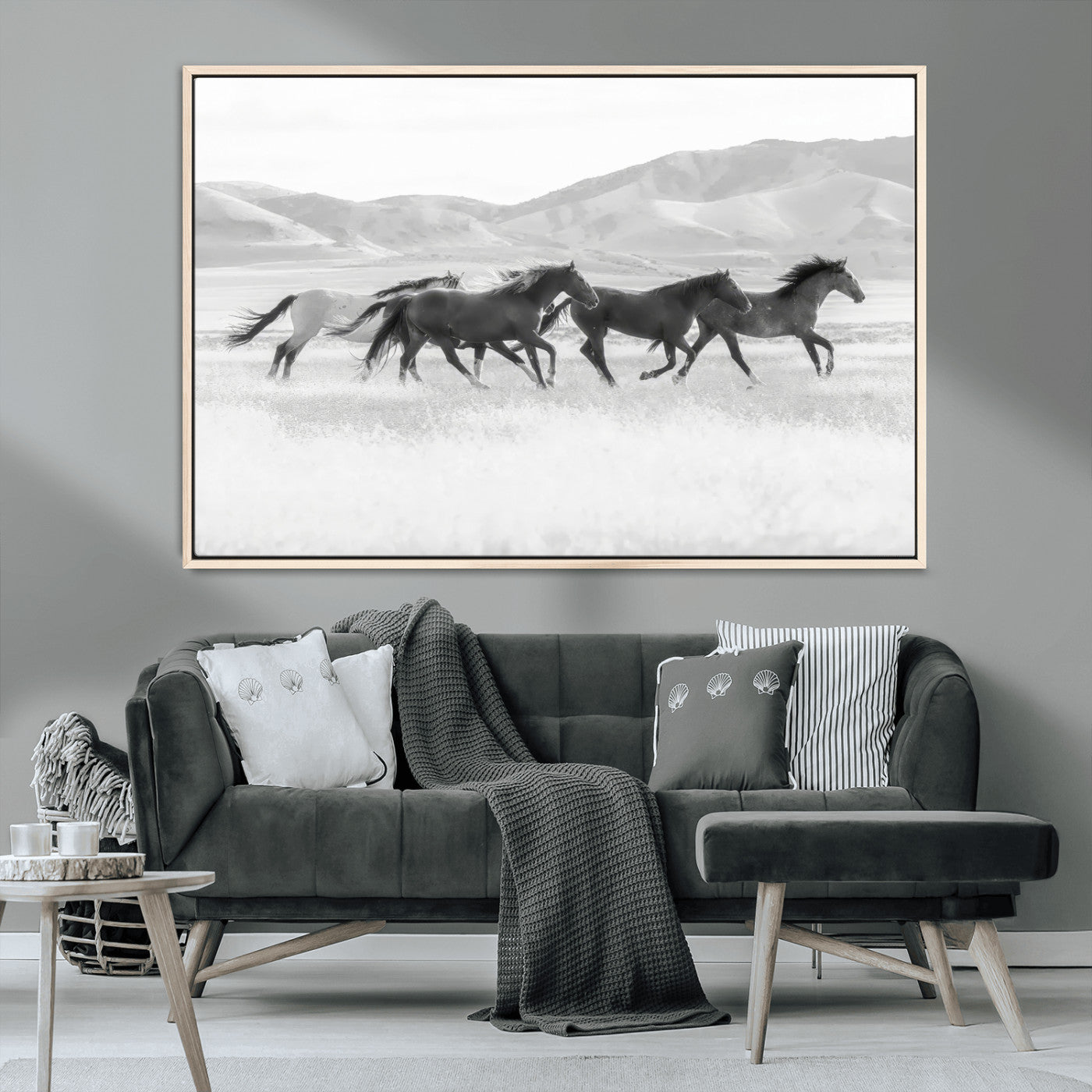 MGV-FC-36X24 - Wild Horses Wall Art – Black & White Canvas Print of Herd Running, Nature in Motion, Freedom & Beauty Decor for Guest Room, Office or Living Room
