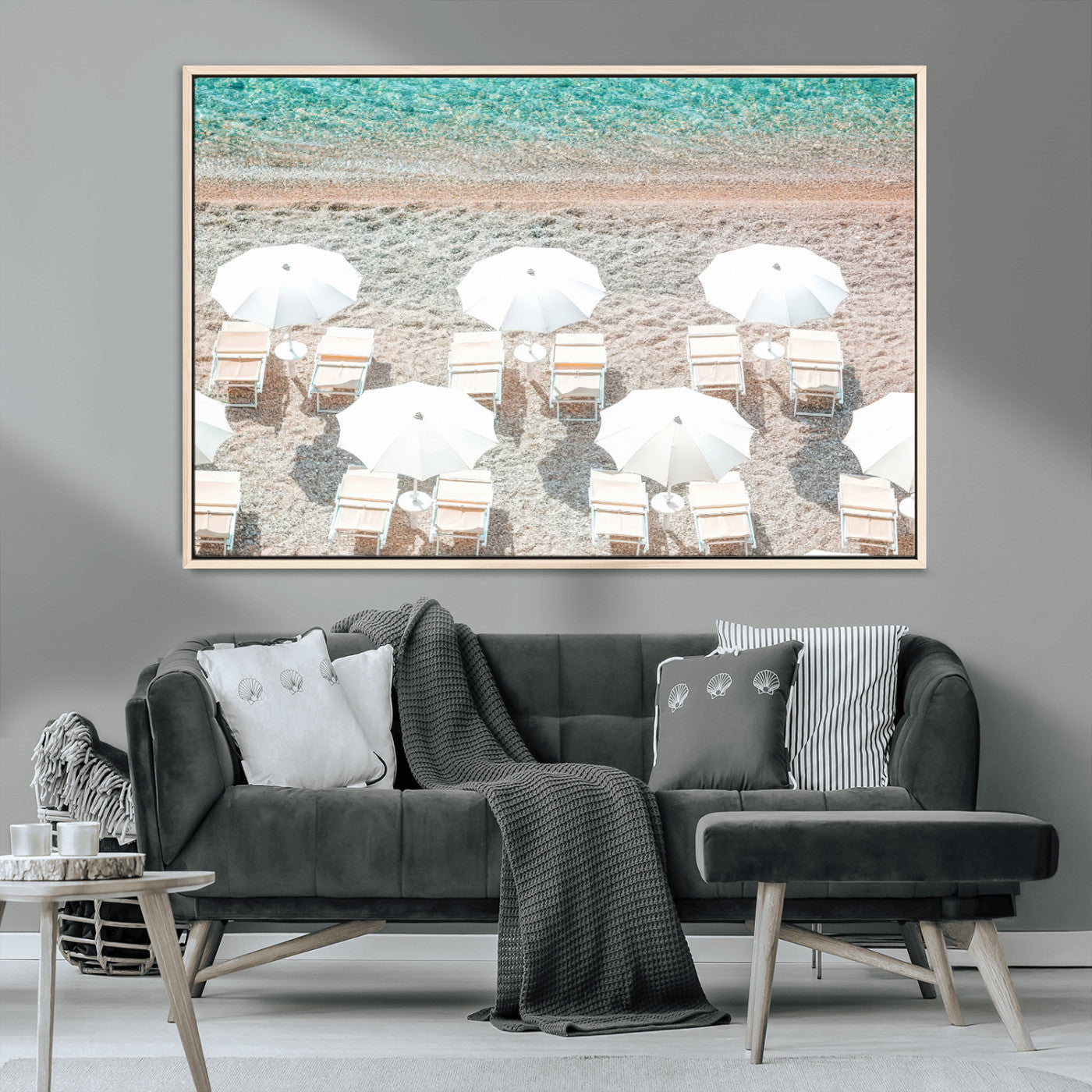 MGV-FC-36X24 - Calm Beach Wall Art Canvas Print, Framed Turquoise Water Art Picture Print, Umbrella Shoreline Perfect Coastal Minimalist Decor Artwork