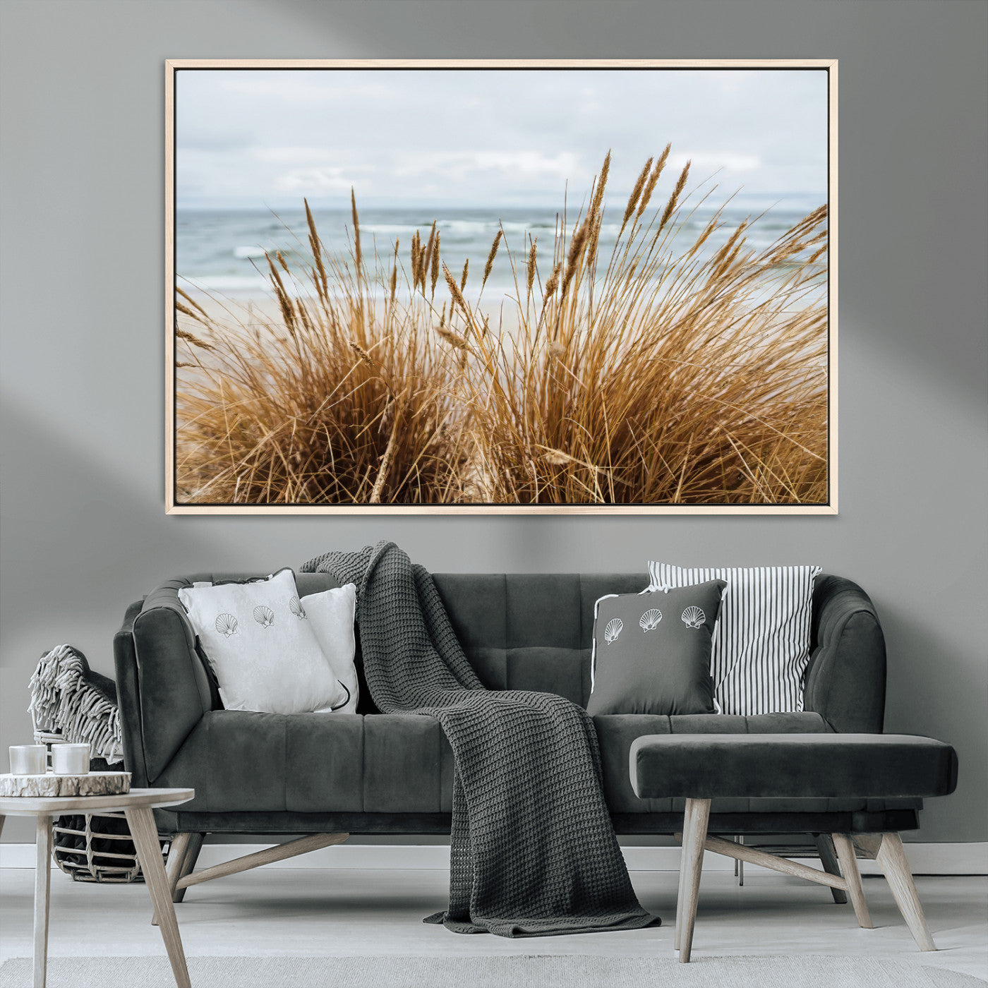 14270839-MGV-FC-36X24_Natural-Beach Grass Wall Art – Framed Coastal Dunes Canvas Artwork, Minimal Seaside Design, Modern Coastal Decor for Home, Office